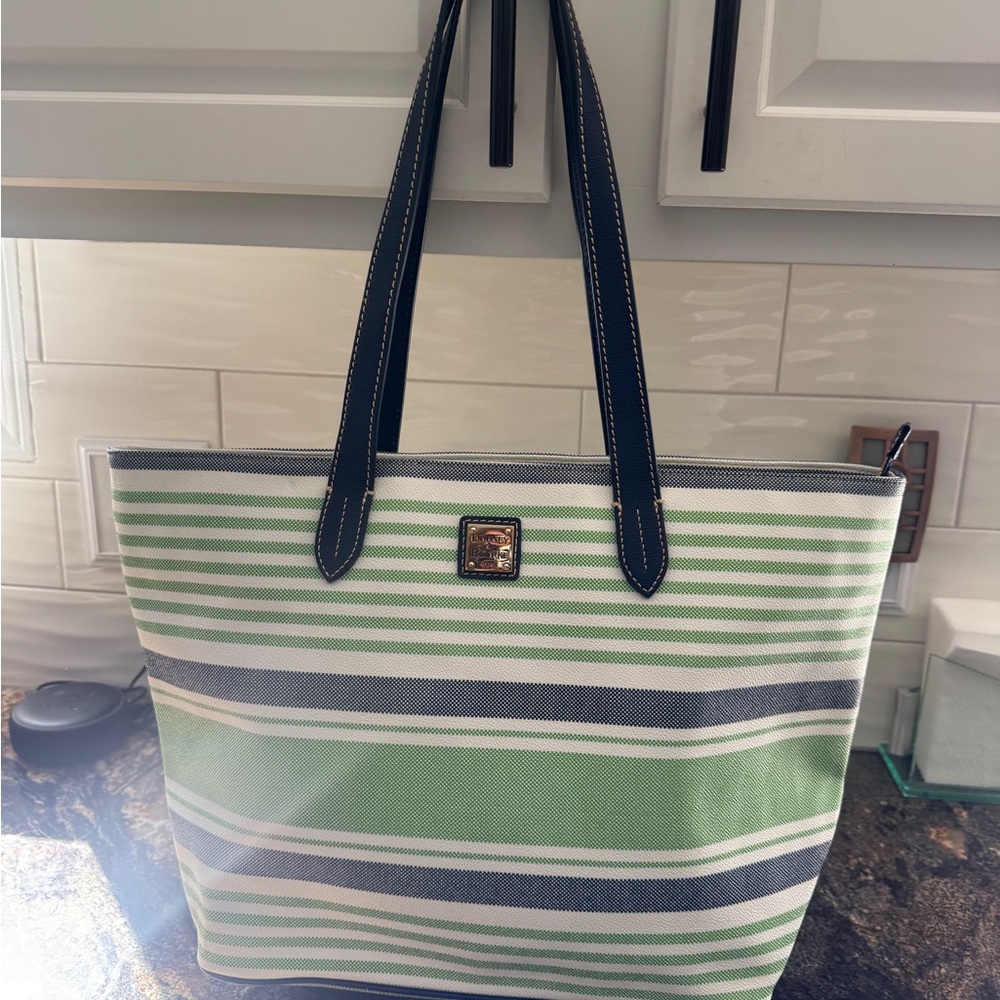 Dooney and Burke Westerly‎ Nylon Striped Canvas Tote Bag in Green and Navy NWOT